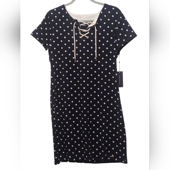TOMMY HILFIGER -  NWT, Classic Blue & White Polkadot Lace Up Front, Size M - Picture 4 of 7